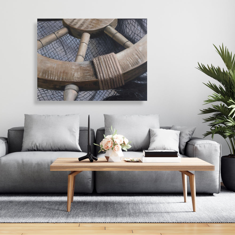 Helm on Fishing Net Canvas | Marine Bedroom Decor - Boat Art