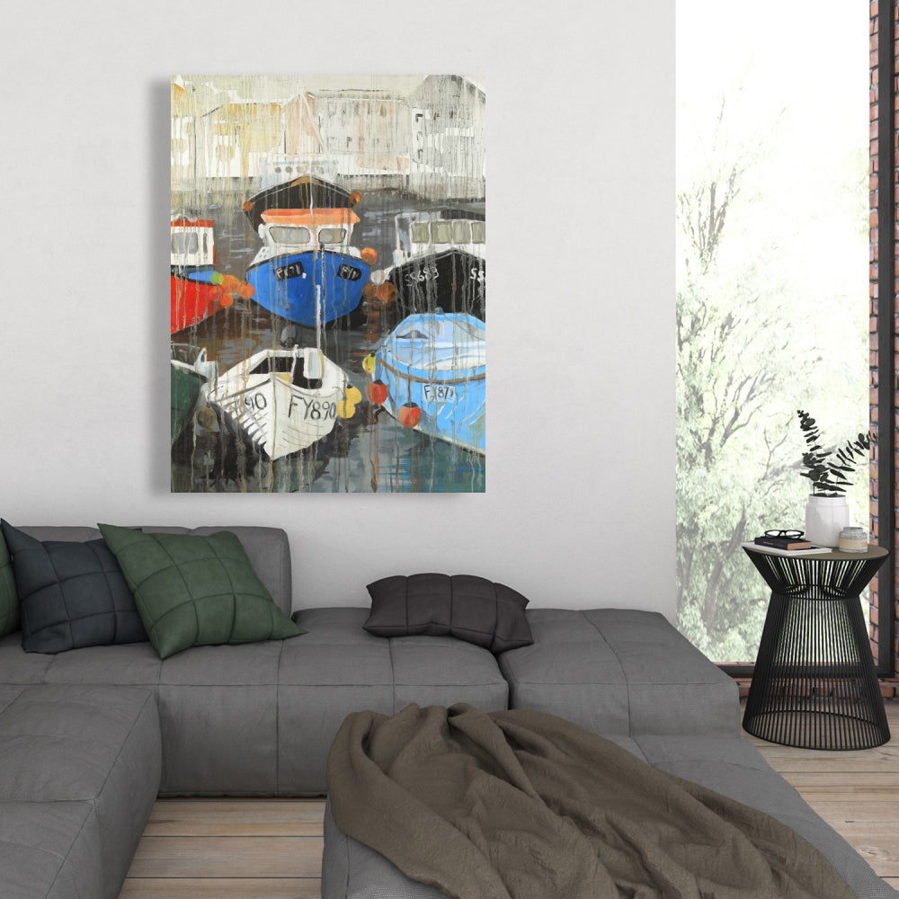 Color Fading Rain at the Port - Coastal Blue Canvas Decor