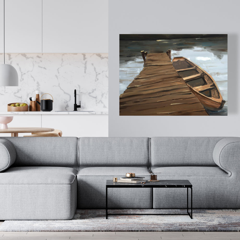 Coastal White Canvas - Lake, Dock and Boat | Home Decor