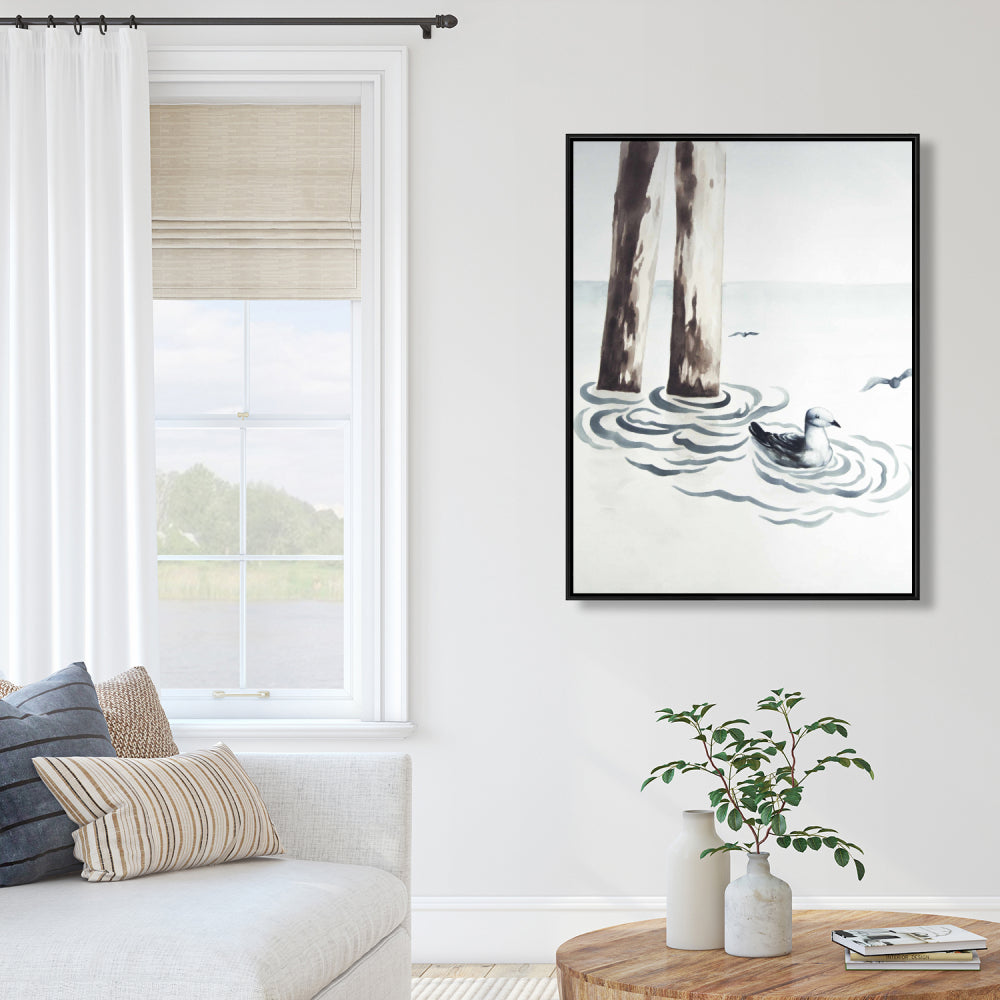 Toile encadrée bleu marine mouette | Décoration de salle de bain