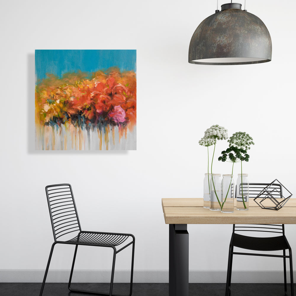 Orange Flowers Canvas - Blue Bathroom Home Decor Art