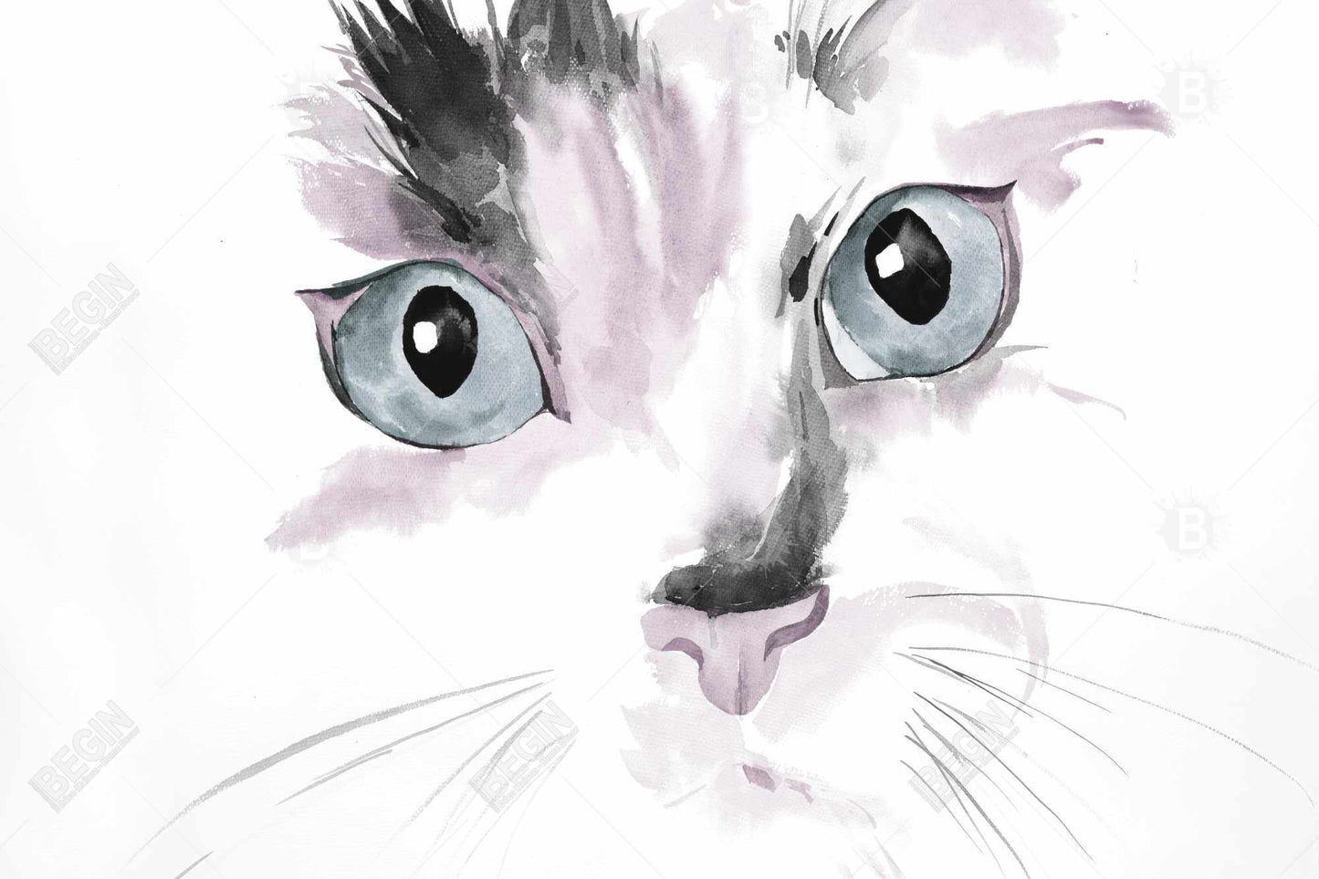 Toile aquarelle « Chat en gros plan » | Cadre bleu pour décoration d'intérieur