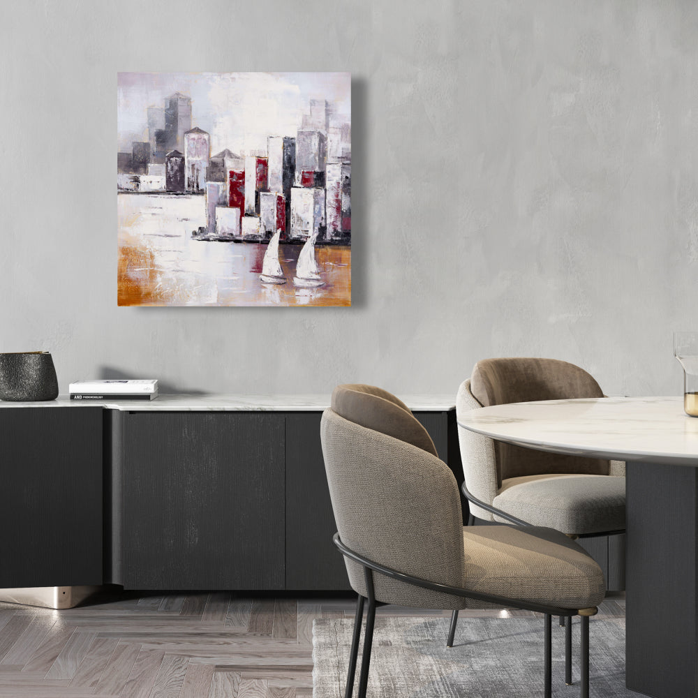 Toile « Voiliers et ville urbaine » - Décoration d'intérieur industrielle grise