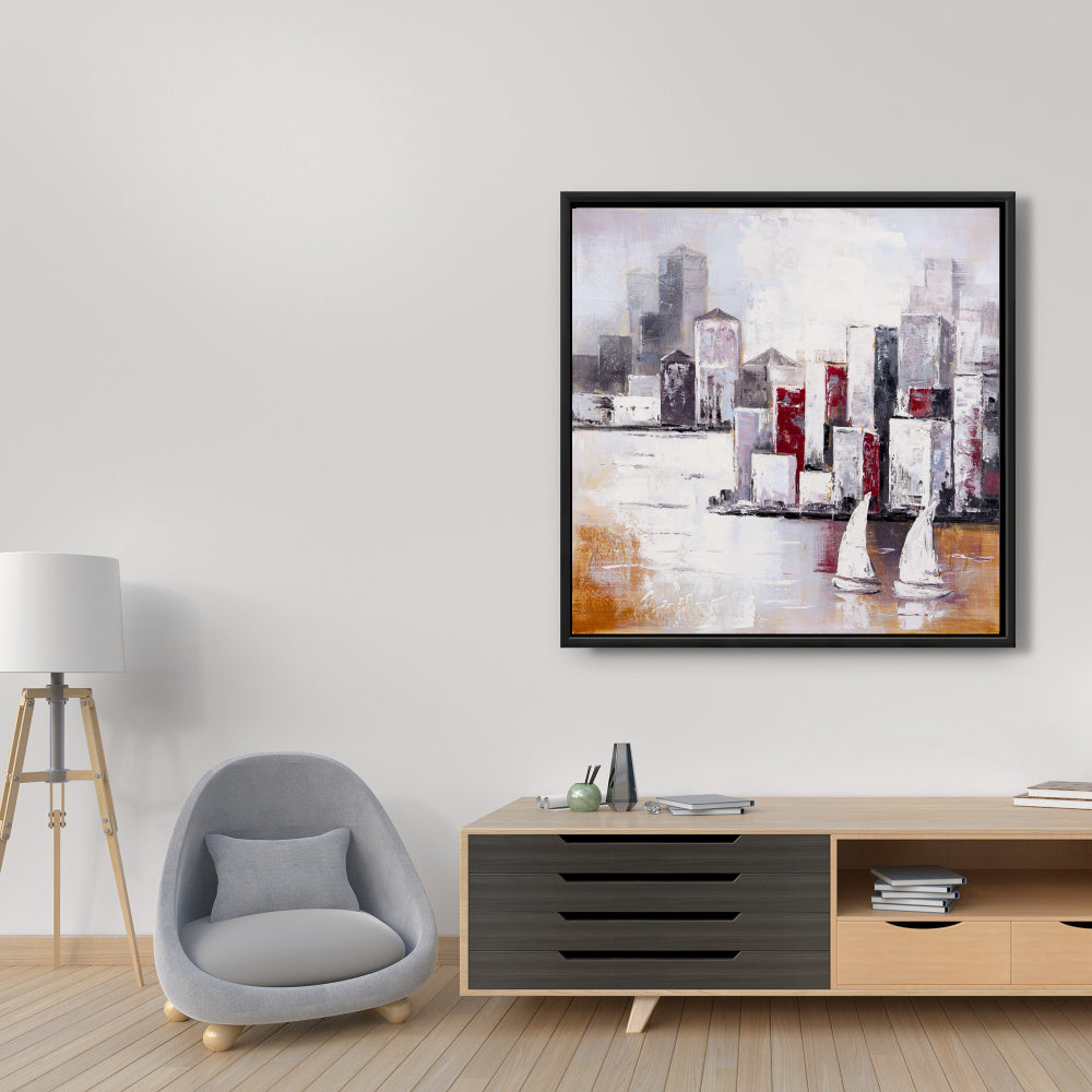 Toile encadrée grise « Voiliers et ville urbaine » - Décoration d'intérieur