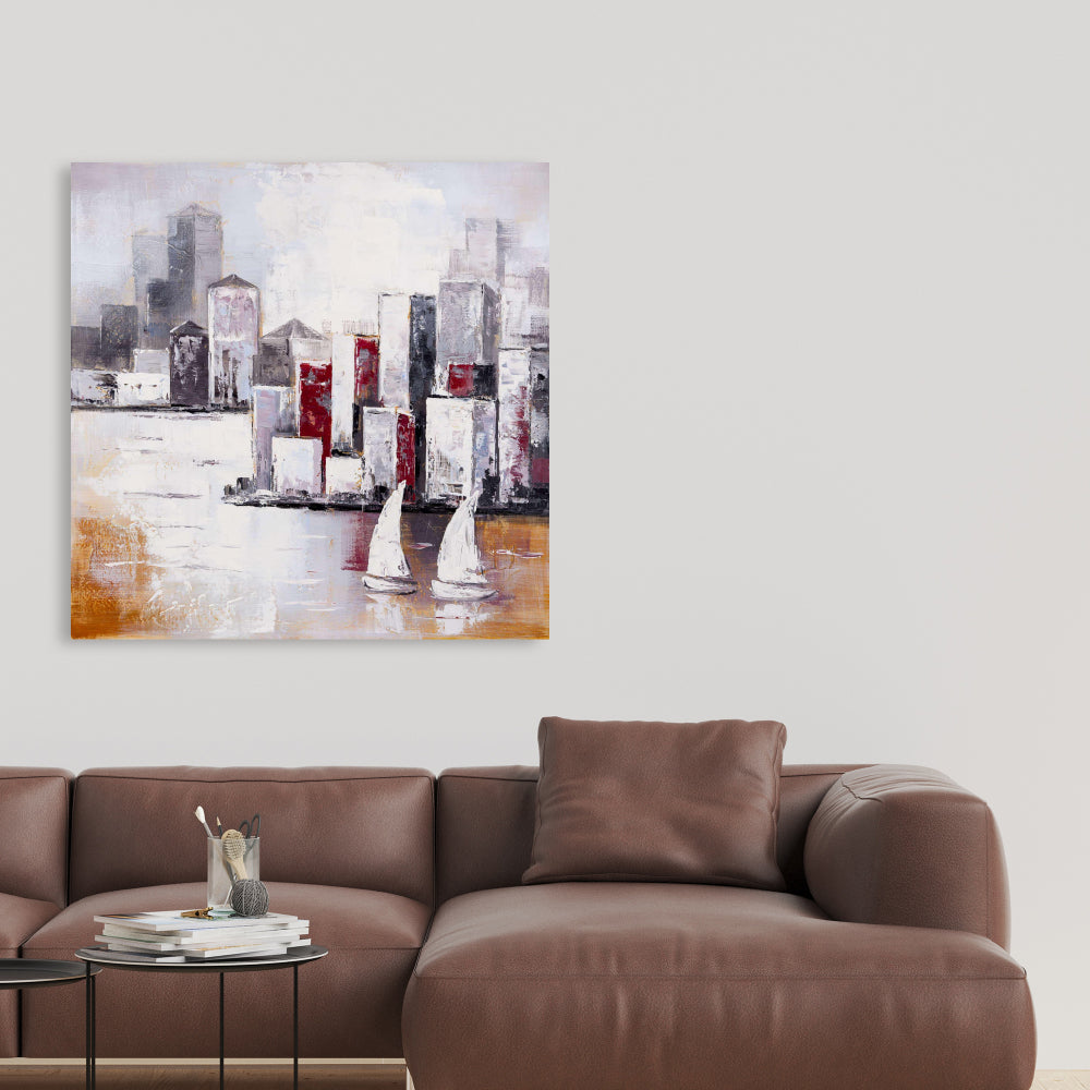 Toile « Voiliers et ville urbaine » - Décoration d'intérieur industrielle grise