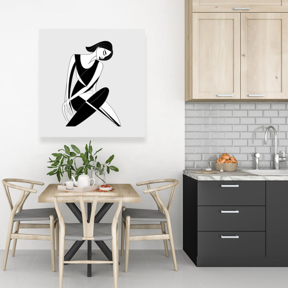 Toile abstraite minimaliste pour chambre à coucher : Femme assise, décoration d'intérieur