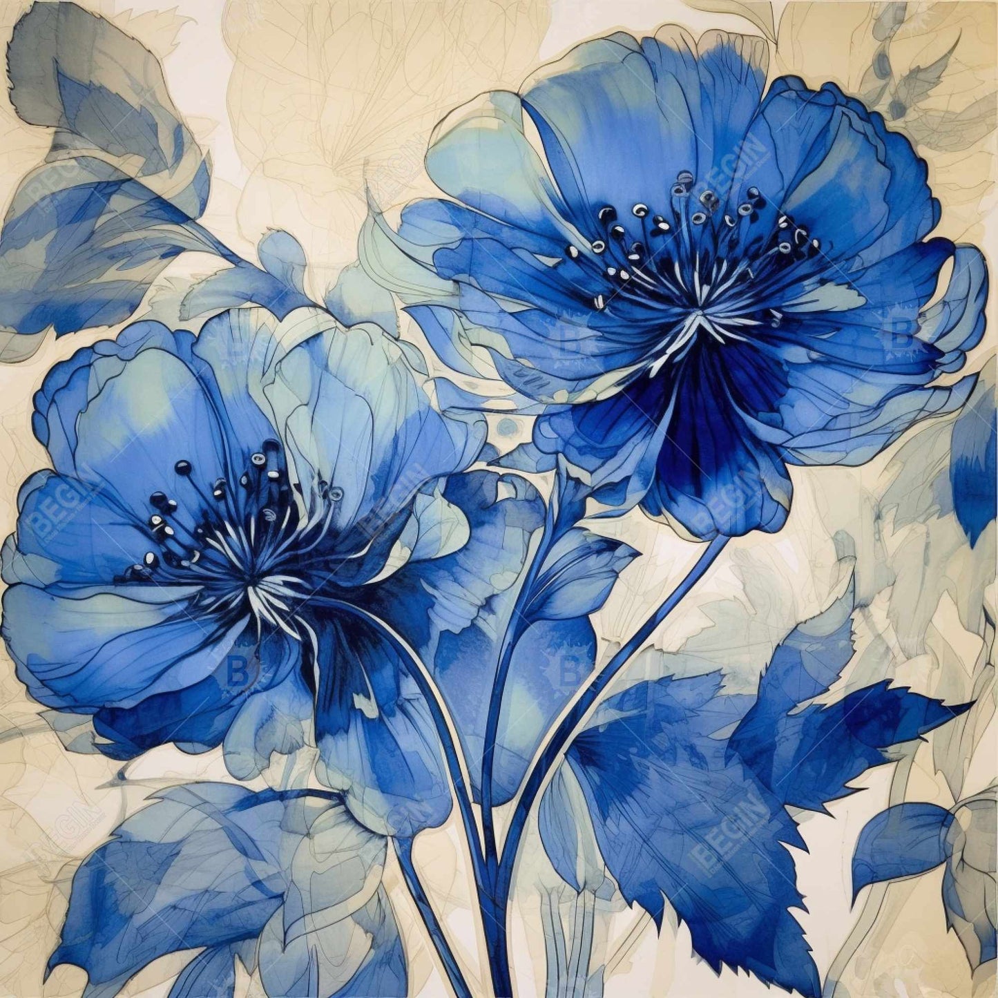 Marine Flowers | Blue Contemporary Framed Canvas for Bedroom