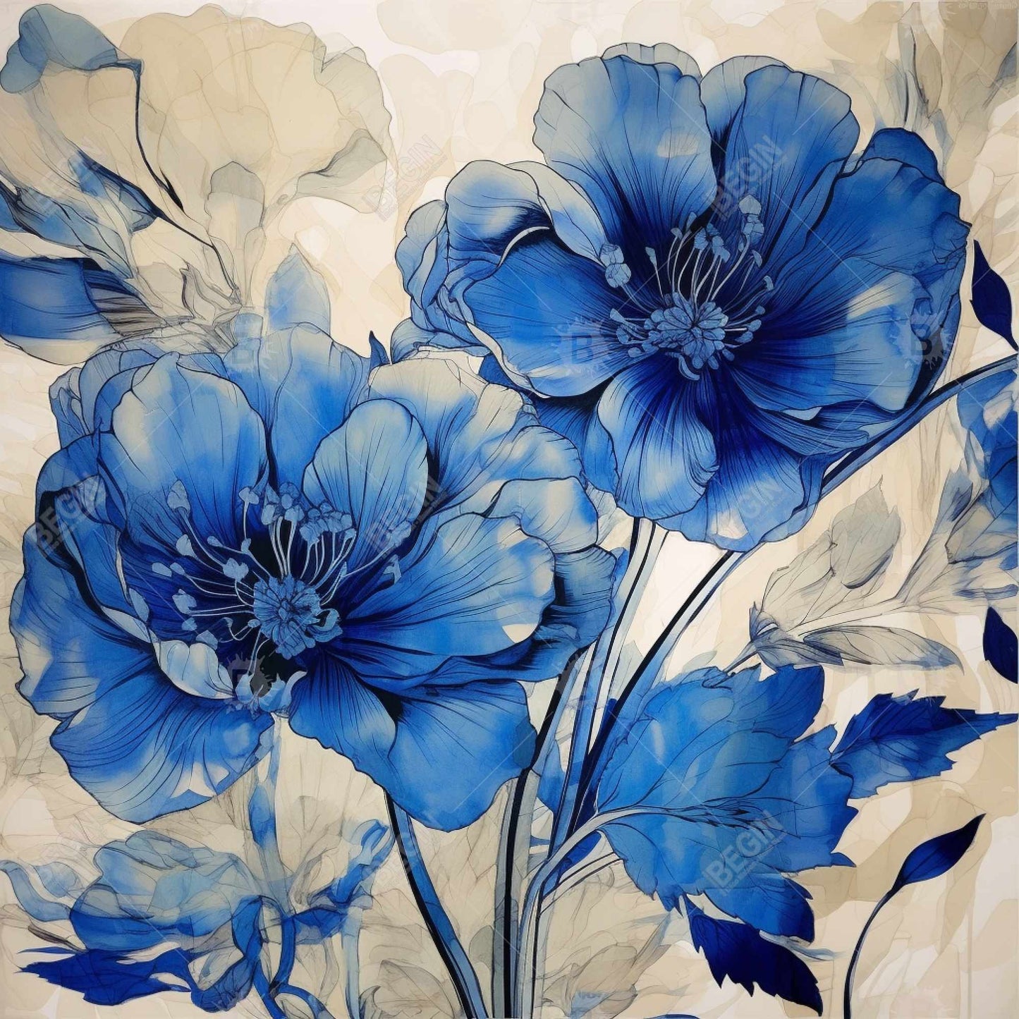 Flooded Flowers Canvas | Blue Framed Art for Home Decor