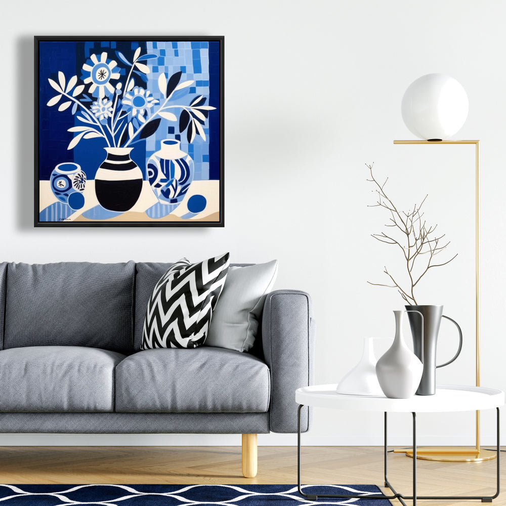 Blue Vases Abstract Canvas | Framed Wall Art for Bedroom Decor