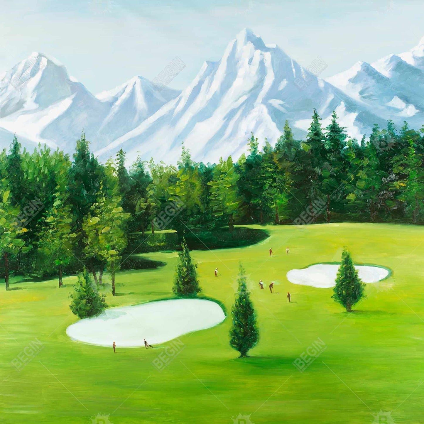 Parcours de golf avec vue sur les montagnes | Toile décorative encadrée bleue