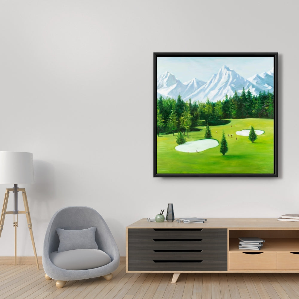 Parcours de golf avec vue sur les montagnes | Toile décorative encadrée bleue