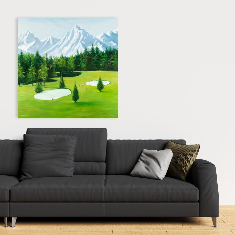 Golf Course with Mountains Canvas | Blue Living Room Decor