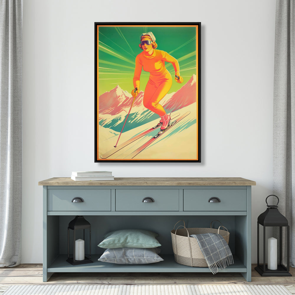 Alpine Skier Vintage White Framed Canvas | Home Decor Art