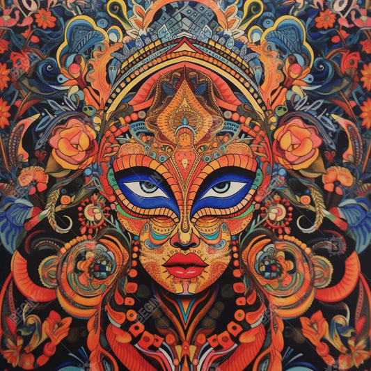 Toile abstraite bleue avec visage aztèque | Décoration murale encadrée