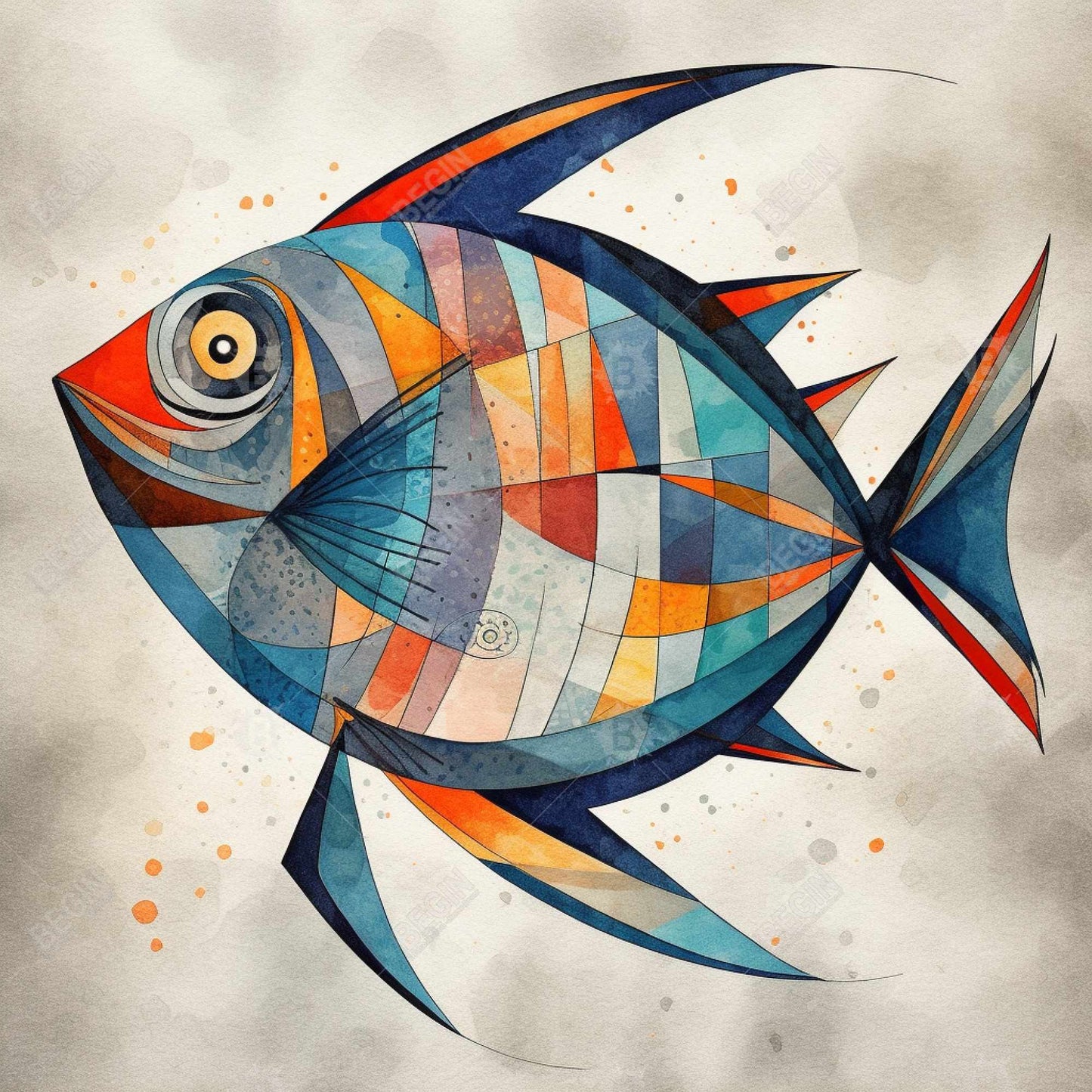 Geometric Fish Framed Canvas | Blue Aquatic Bedroom Decor