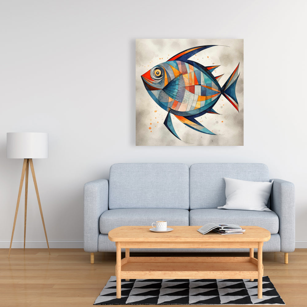 Geometric Fish Blue Canvas - Aquatic Animal Bedroom Decor