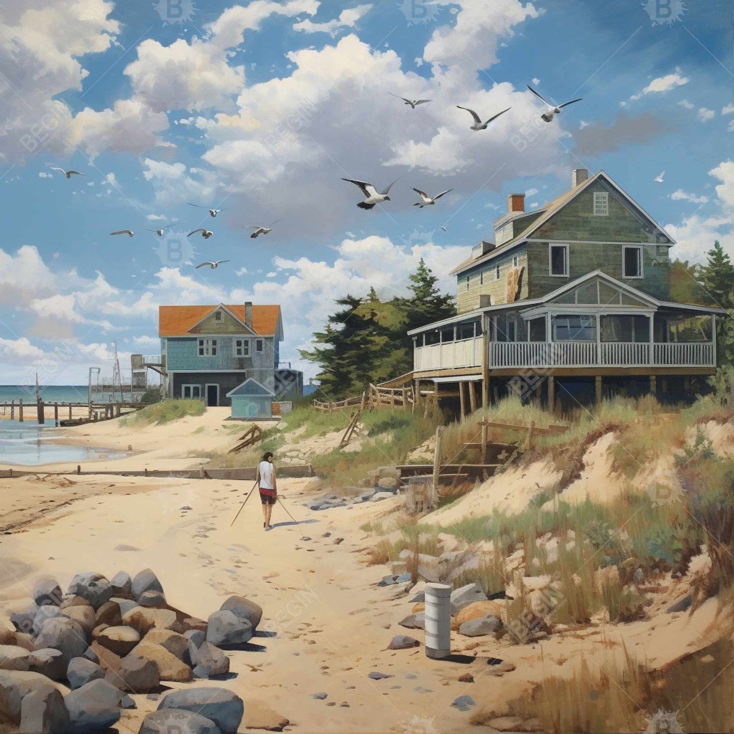 Toile côtière « Promenade sur la plage » | Décoration murale bleue pour chambre