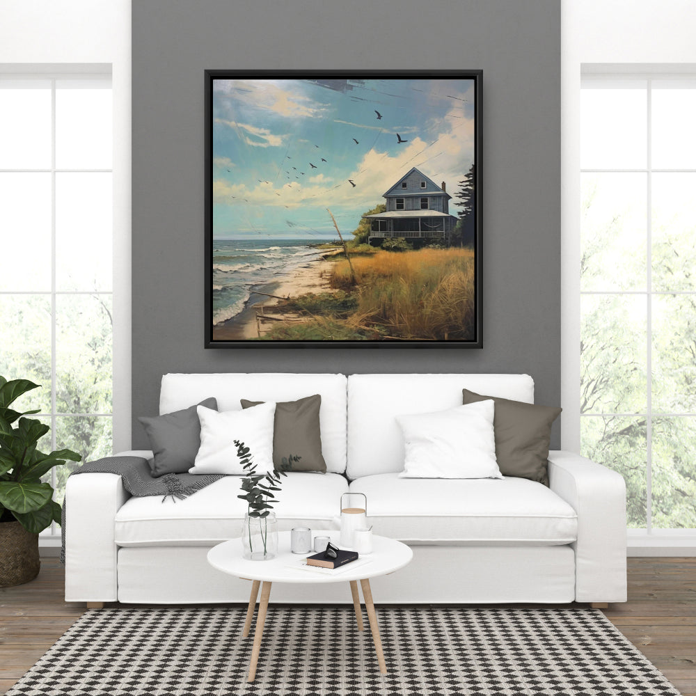 Evening at the Beach - Blue Coastal Sea Framed Canvas Decor
