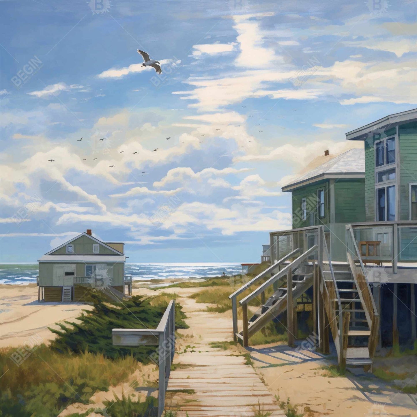 Peaceful House - Blue Sea Contemporary Framed Canvas Decor
