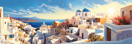 Toile encadrée « Vue panoramique de Santorin » - Décoration d'intérieur côtière