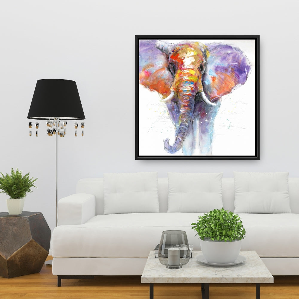 Éléphant marchant coloré | Toile encadrée violette pour chambre