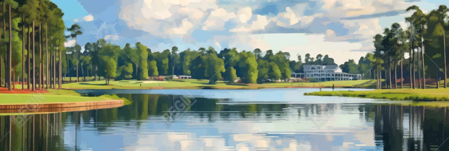Golf Lake Illustrative Blue Trees Framed Canvas | Home Decor