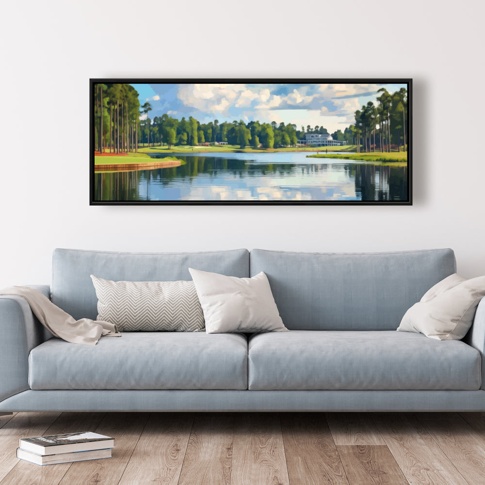 Golf Lake Illustrative Blue Trees Framed Canvas | Home Decor