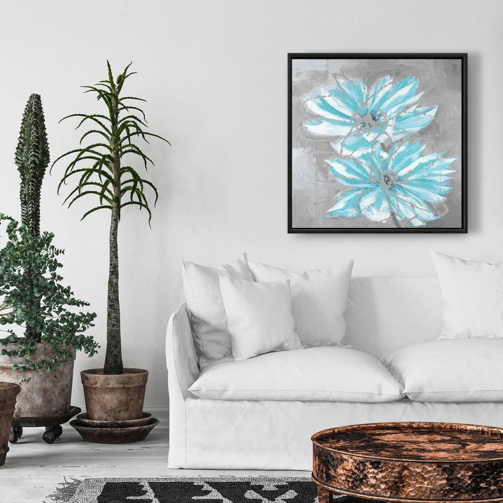 Toile florale contemporaine - Deux petites fleurs bleues abstraites