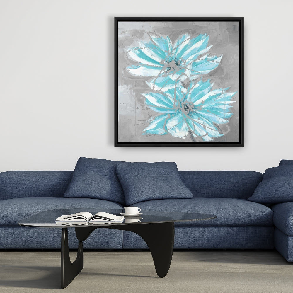 Toile florale contemporaine - Deux petites fleurs bleues abstraites