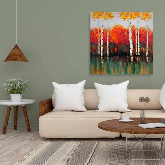 Toile « Bouleaux en automne » | Décoration de chambre avec arbres verts