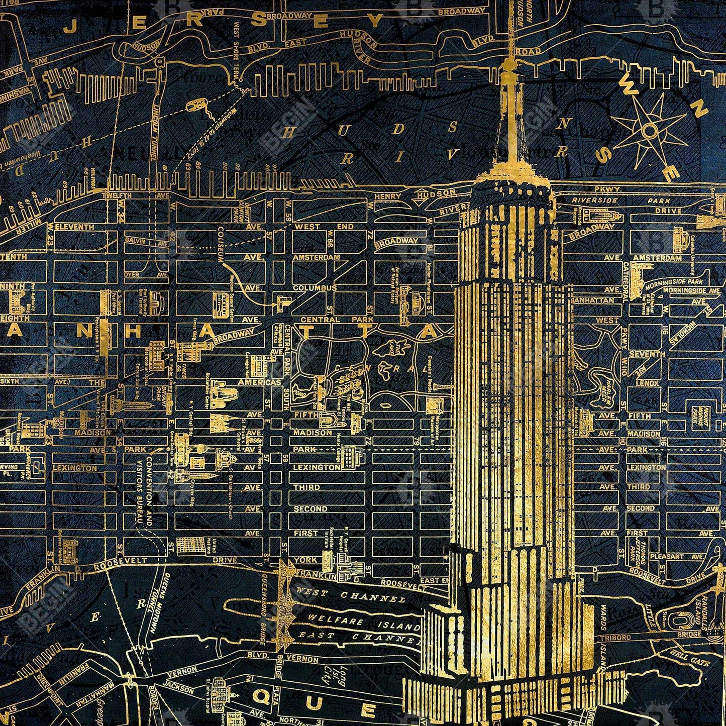 Gold City Blue Print Canvas | Industrial Blue Framed Art