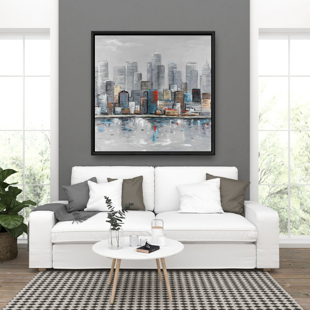 Toile abstraite avec horizon urbain pour chambre à coucher bleue | Décoration d'intérieur
