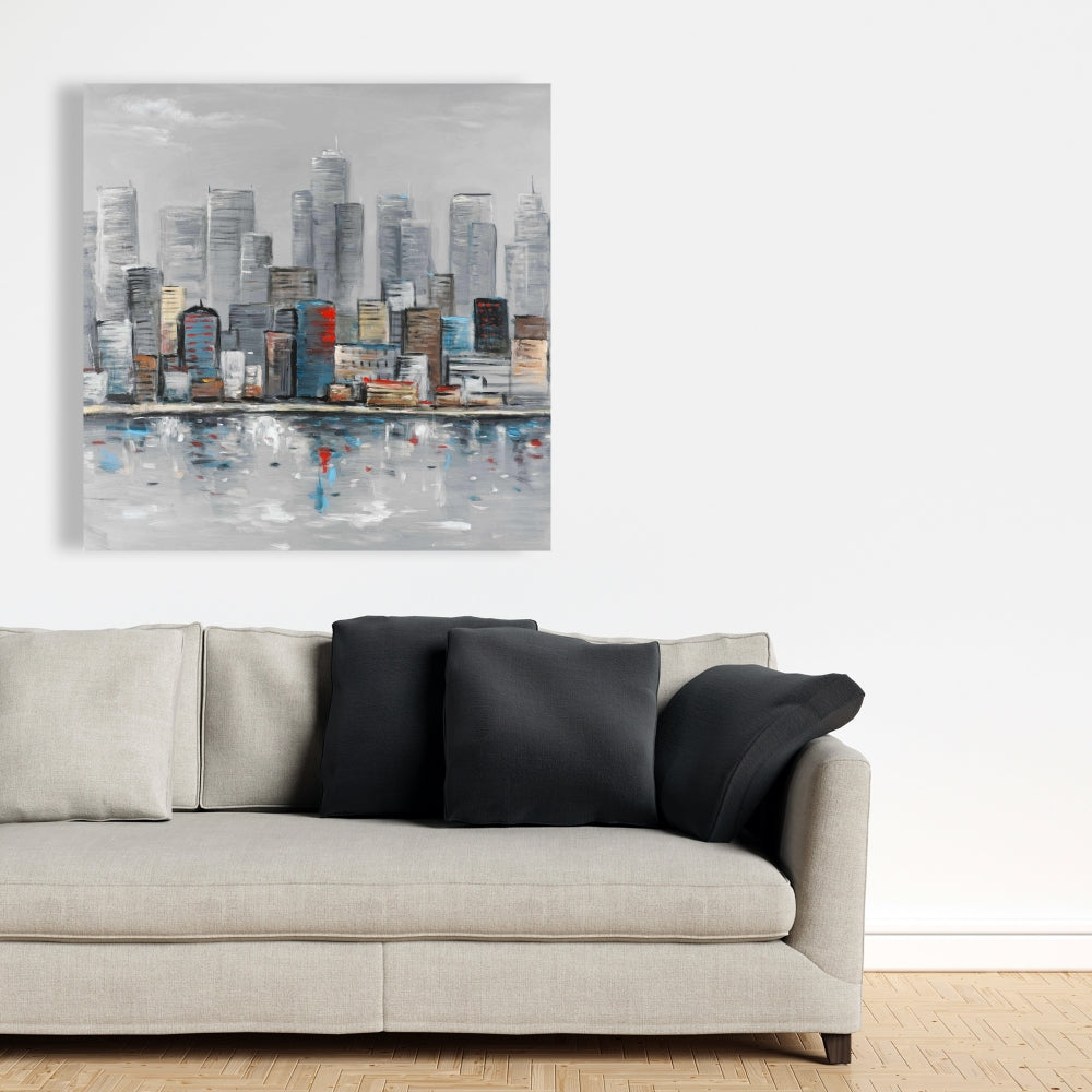 Toile abstraite bleue représentant une ville - Décoration de chambre contemporaine