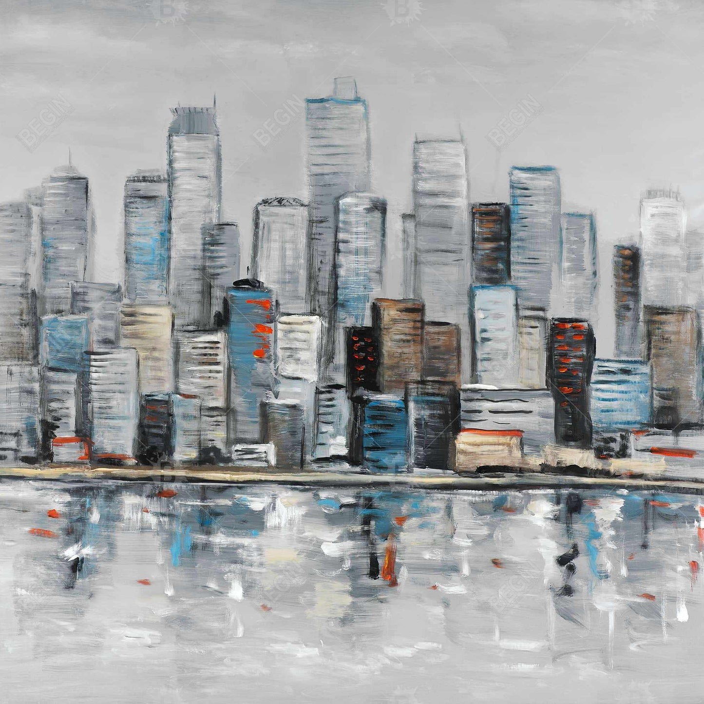Horizon urbain abstrait | Toile encadrée bleue pour décoration intérieure