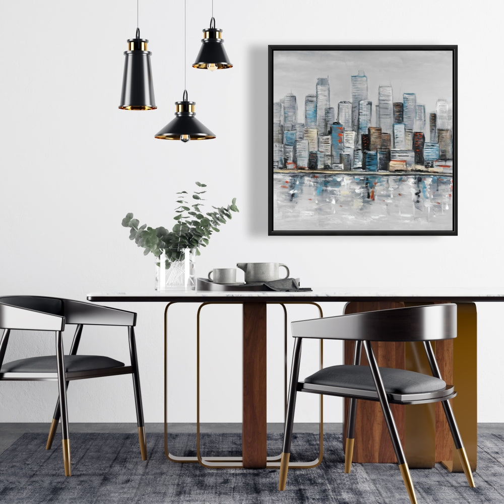 Horizon urbain abstrait | Toile encadrée bleue pour décoration intérieure