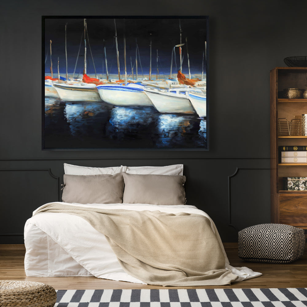 Toile « Bateaux de pêche à la marina » | Décoration murale encadrée bleue