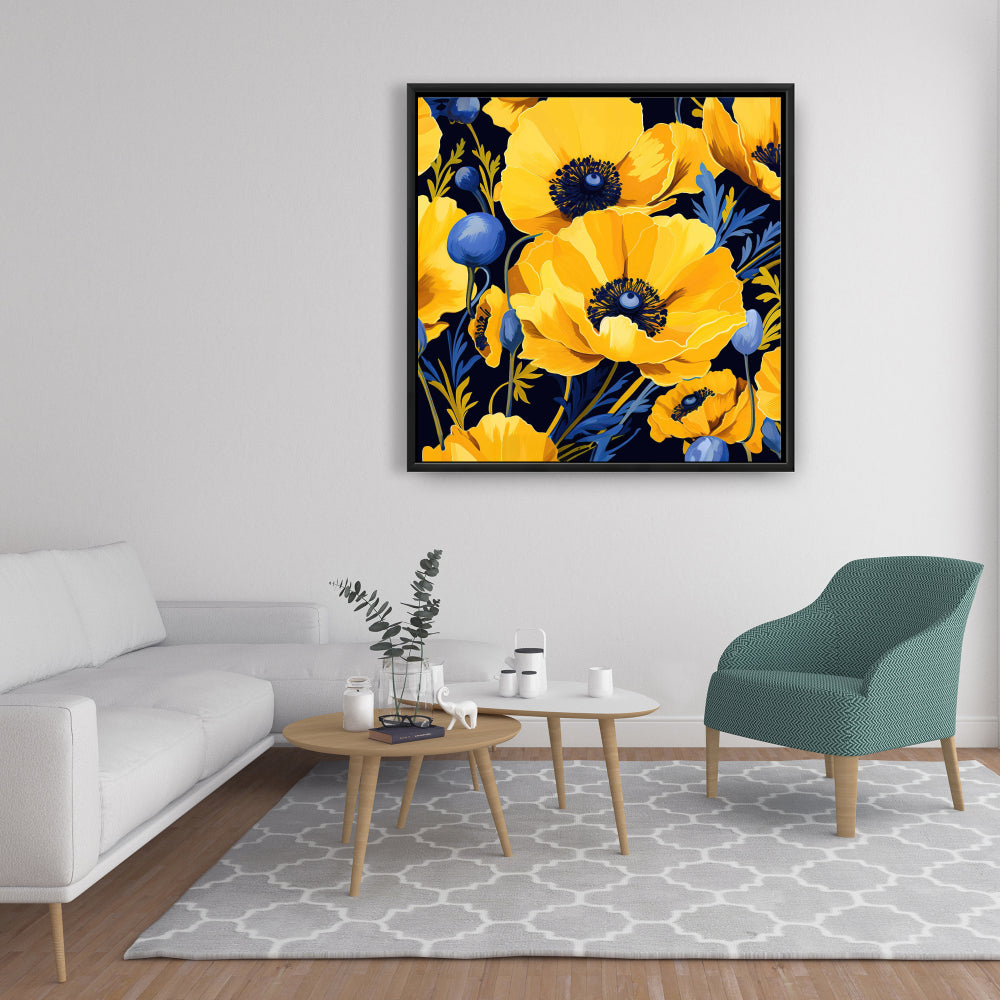 Toile botanique minimaliste bleue - Décoration d'intérieur jaune et bleue