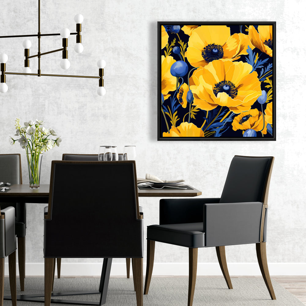 Toile botanique minimaliste bleue - Décoration d'intérieur jaune et bleue