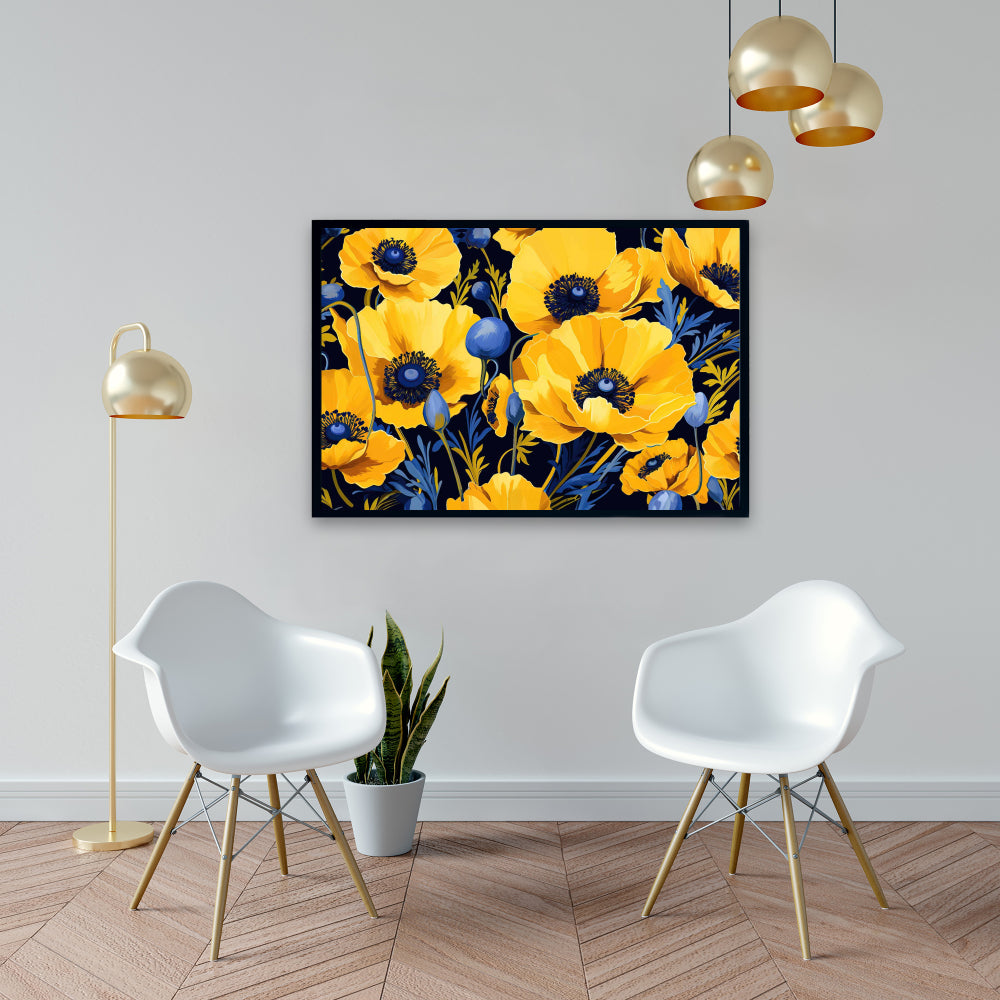 Toile botanique minimaliste bleue - Décoration d'intérieur jaune et bleue