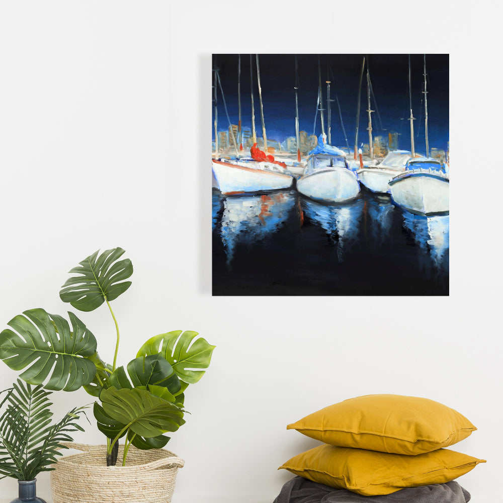 Evening at the Marina | Blue Bedroom Boat Canvas Home Decor