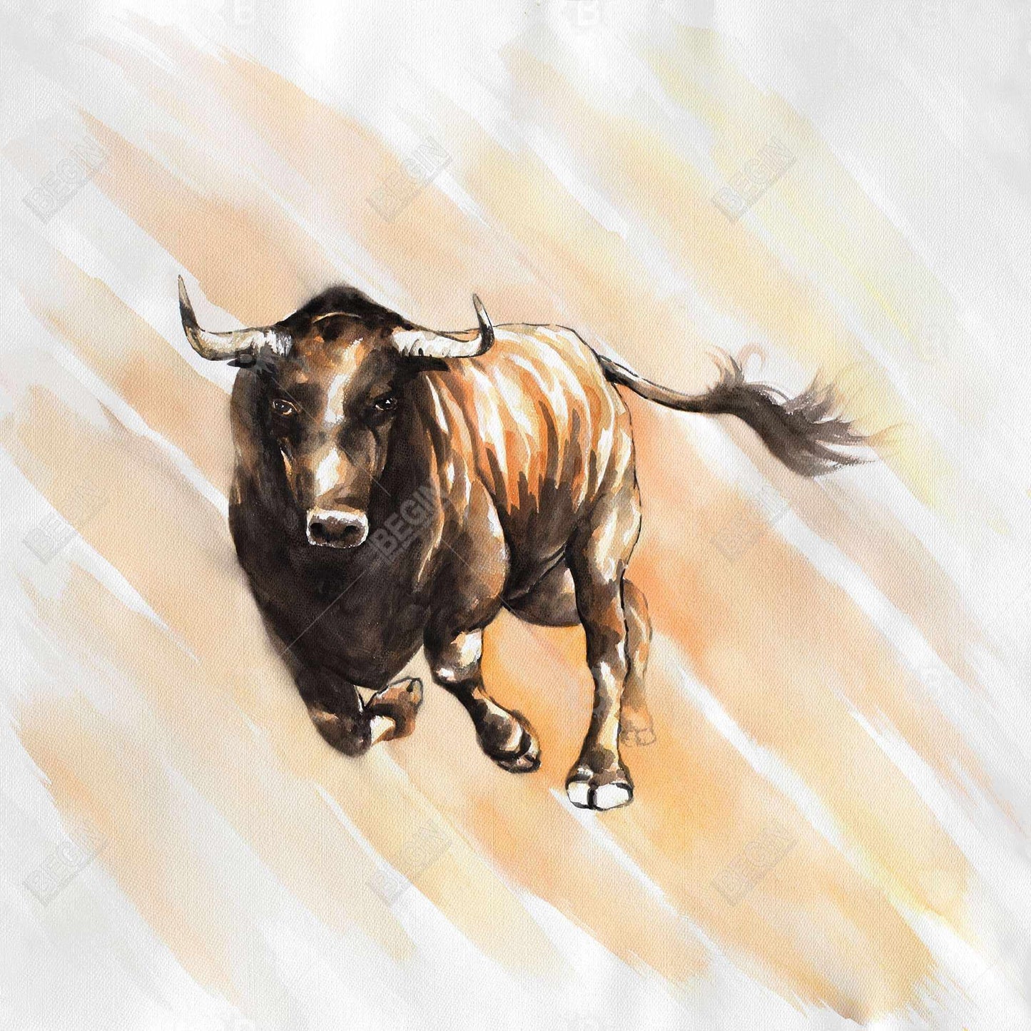 Toile aquarelle représentant un taureau courant | Décoration rustique avec animaux de la ferme