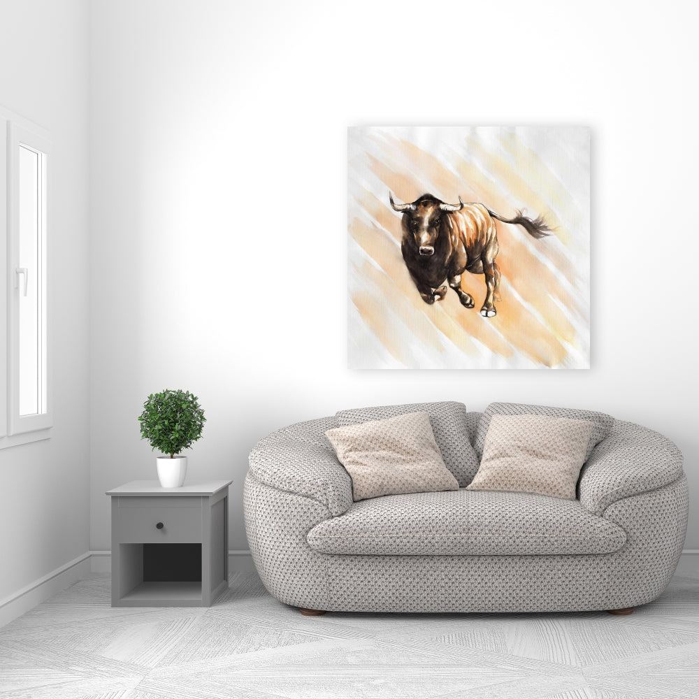 Bull Running Watercolor Canvas - Farm Animals Home Decor
