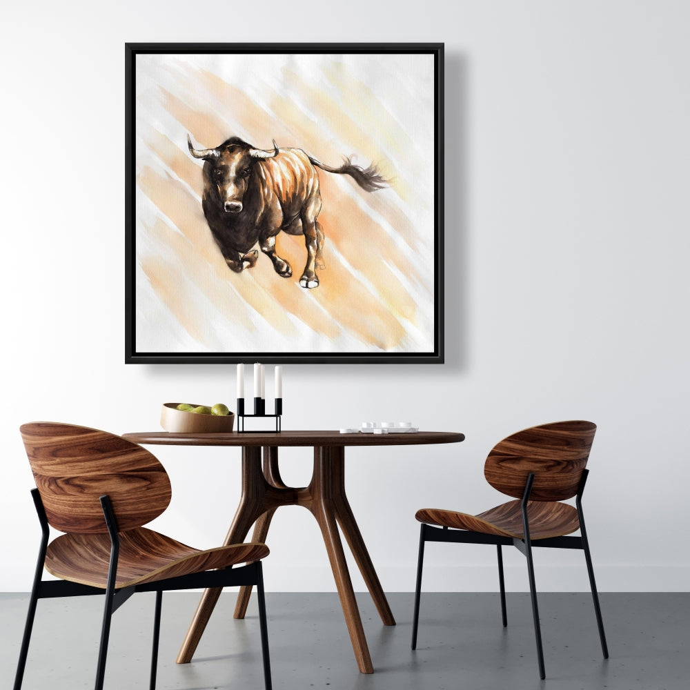Toile aquarelle représentant un taureau courant | Décoration rustique avec animaux de la ferme