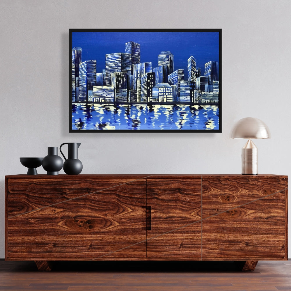 City in Blue Framed Canvas - Blue City Bedroom Wall Art Decor
