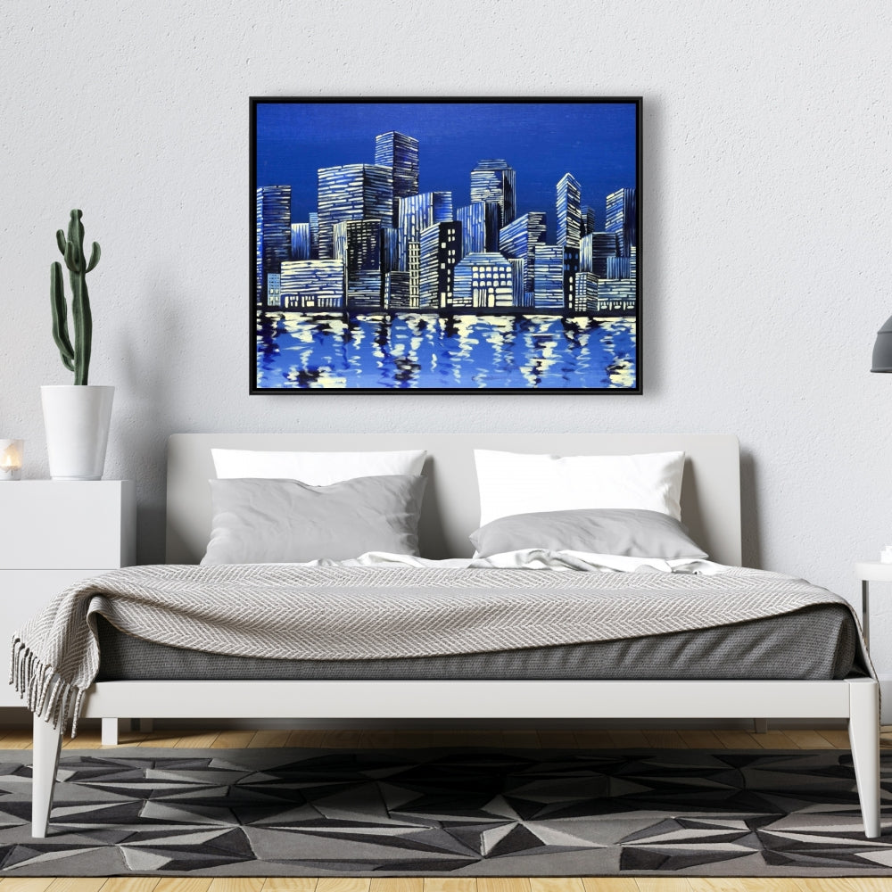 City in Blue Framed Canvas - Blue City Bedroom Wall Art Decor
