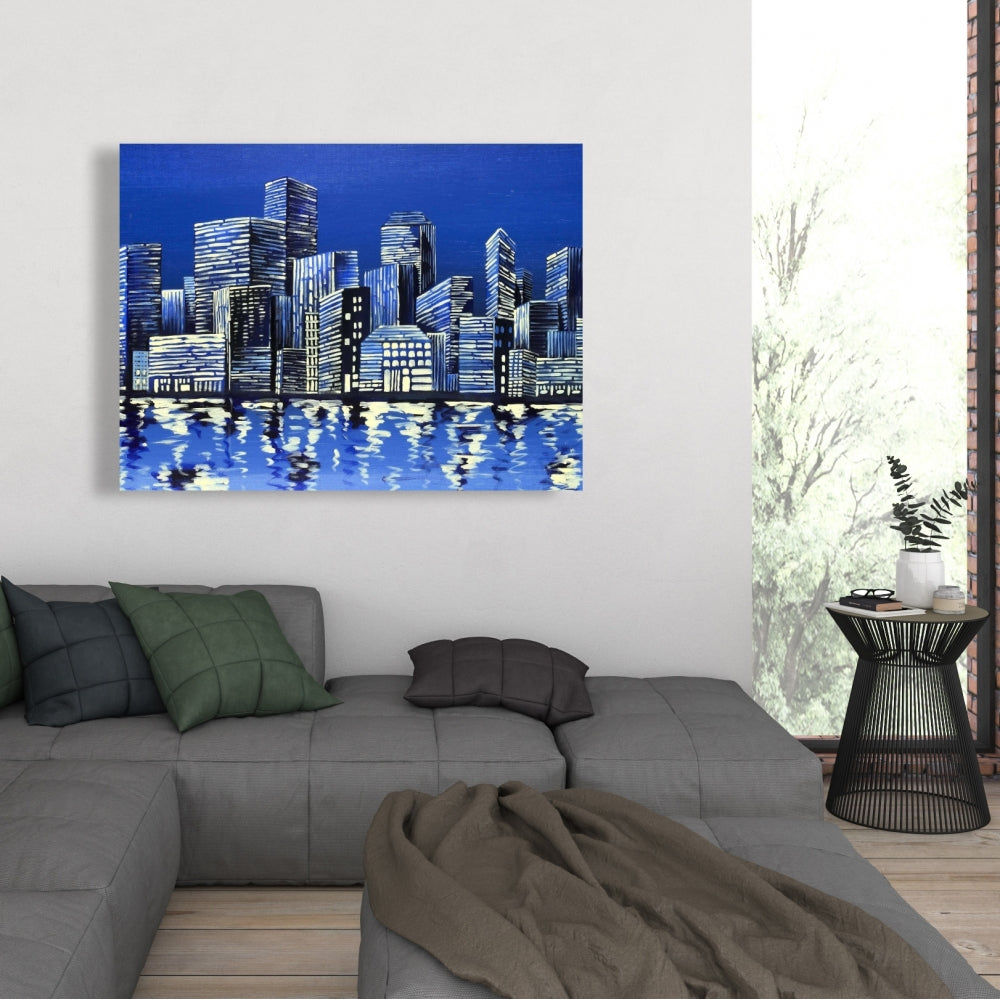 City in Blue Canvas | Contemporary Bedroom Wall Art Decor