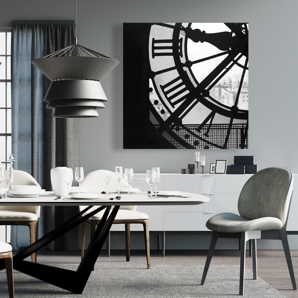Clock at the Orsay Museum Canvas - White Monochrome Decor