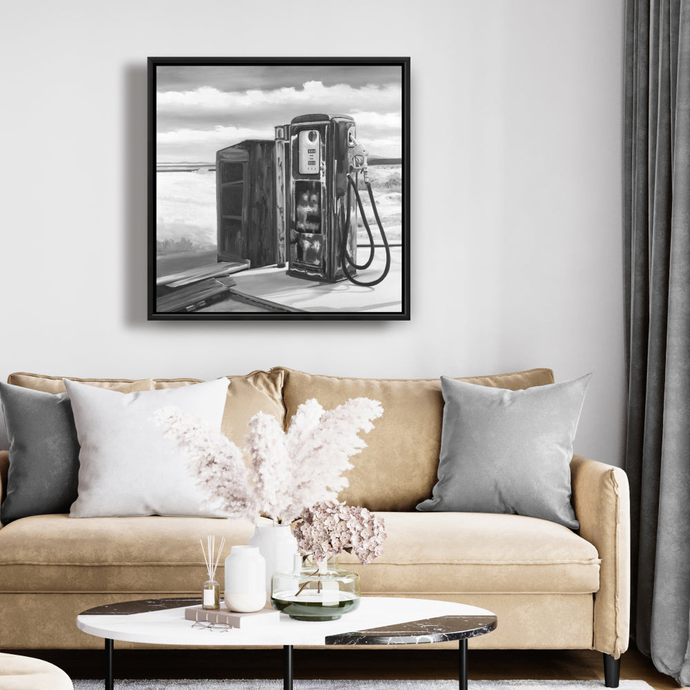 Toile « Pompe à essence ancienne » – Cadre blanc | Décoration murale de chambre