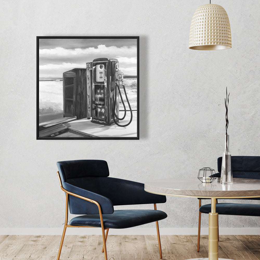 Toile « Pompe à essence ancienne » – Cadre blanc | Décoration murale de chambre