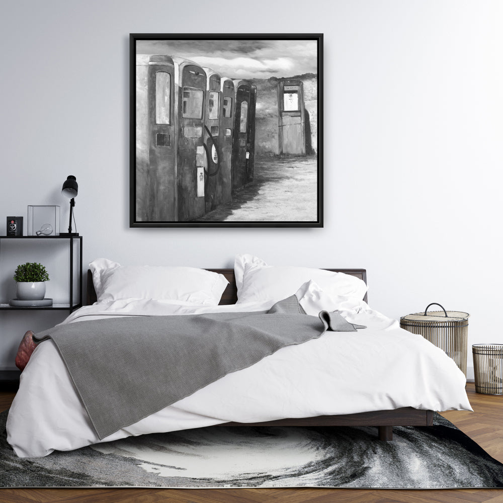 Toile « Pompes à essence anciennes » | Décoration murale monochrome blanche encadrée